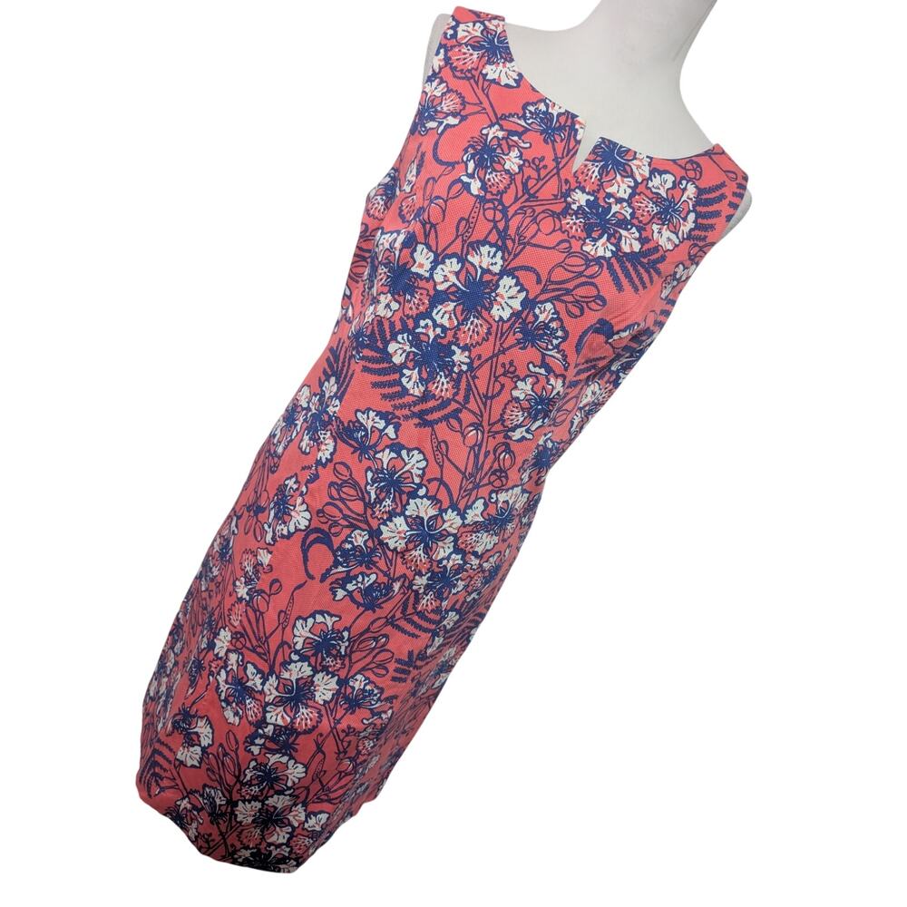 TALBOTS! MELON PINK, BLUE, WHITE FLORAL TEXTURED COTTON STRETCH POCKET DRESS! 12